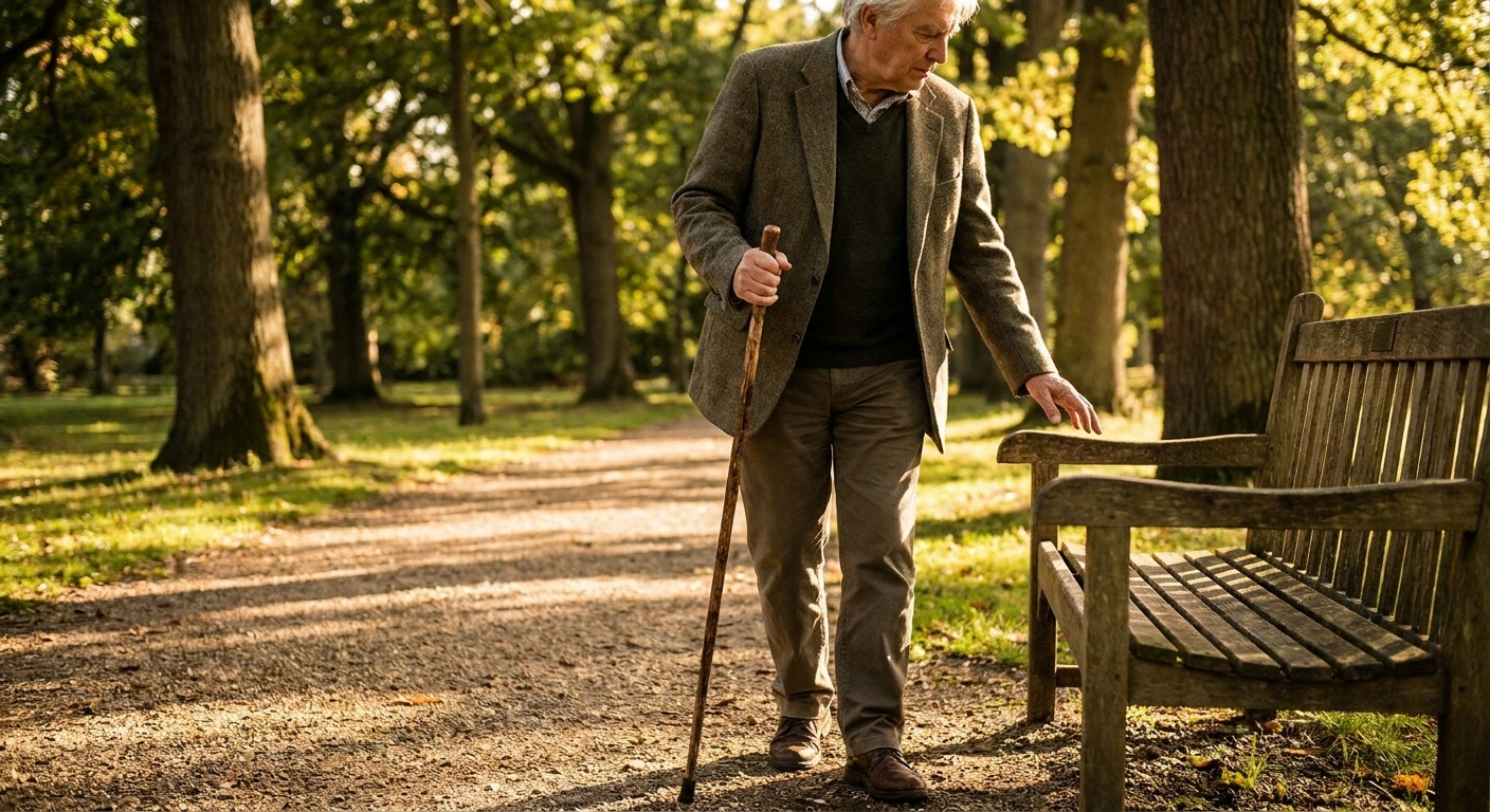 Older adult walking a park path at a mindful pace with supportive gear nearby