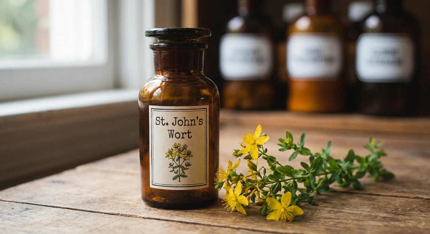 St. John's Wort supplement bottle with plant sprig alongside blurred prescription bottles illustrating interaction risks