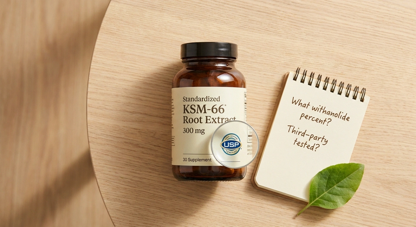 Flat-lay of a quality standardized ashwagandha extract bottle with a magnifying glass on the third-party testing seal