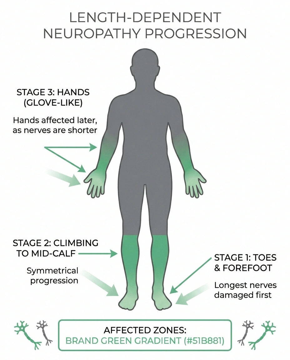 Anatomical infographic showing the length-dependent stocking and glove distribution of peripheral neuropathy symptoms.