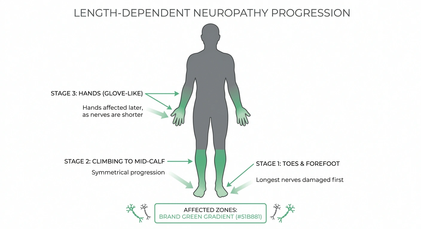 Anatomical infographic showing the length-dependent stocking and glove distribution of peripheral neuropathy symptoms.
