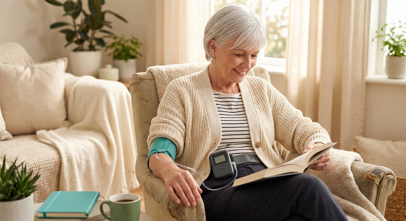 Older woman wearing a 24-hour ambulatory blood pressure monitor at home while reading calmly.