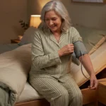 Older woman checking blood pressure at bedtime beside a bed with the head end elevated on wooden risers.