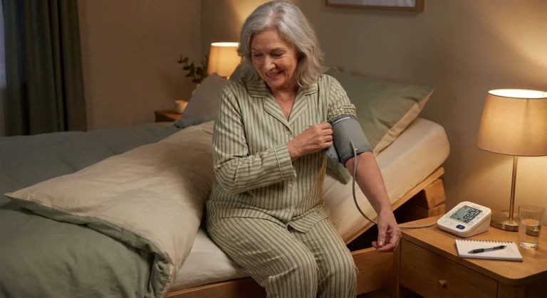 Older woman checking blood pressure at bedtime beside a bed with the head end elevated on wooden risers.