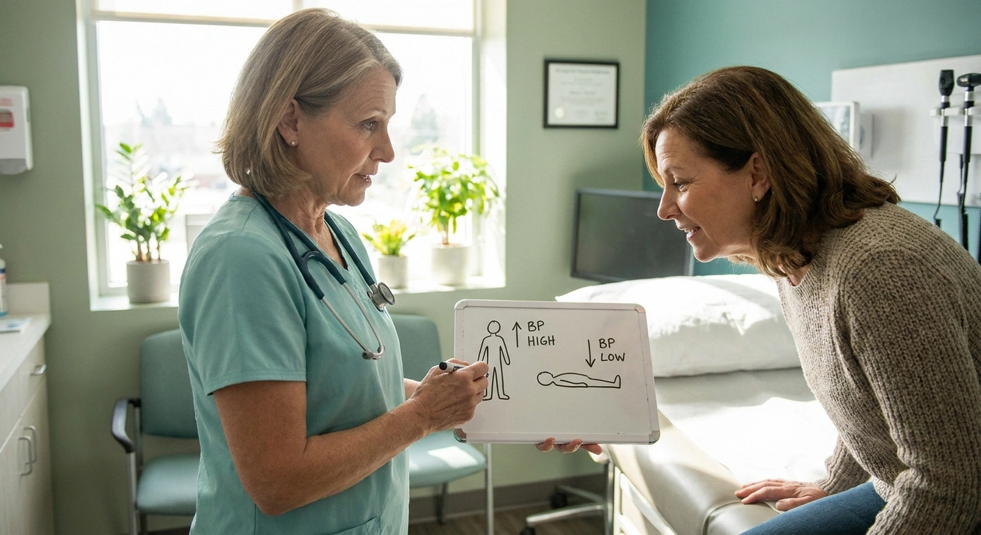 Cardiologist sketching a simple blood pressure diagram on a whiteboard while patient watches attentively.