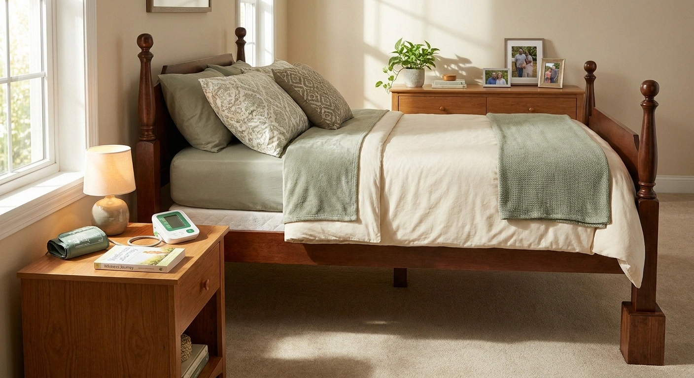 Bed with head end elevated on wooden risers next to a nightstand with a blood pressure monitor.