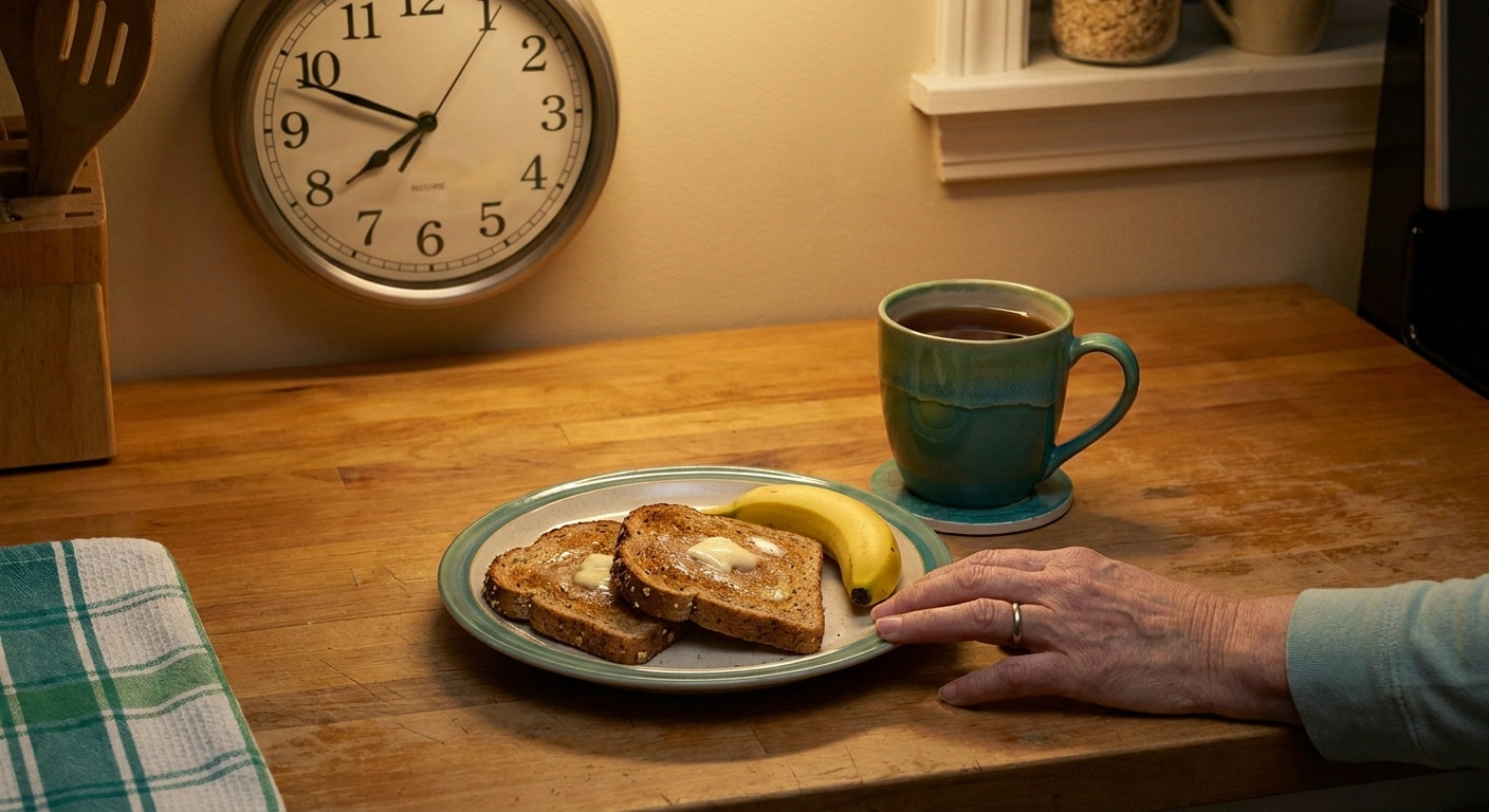 Small bedtime plate of whole-grain toast and a banana on a wooden counter with an evening kitchen clock behind.