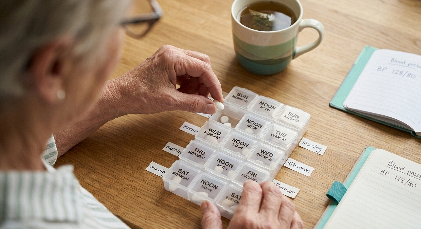 Older woman's hands filling a weekly pill organizer labeled for morning and afternoon doses only.