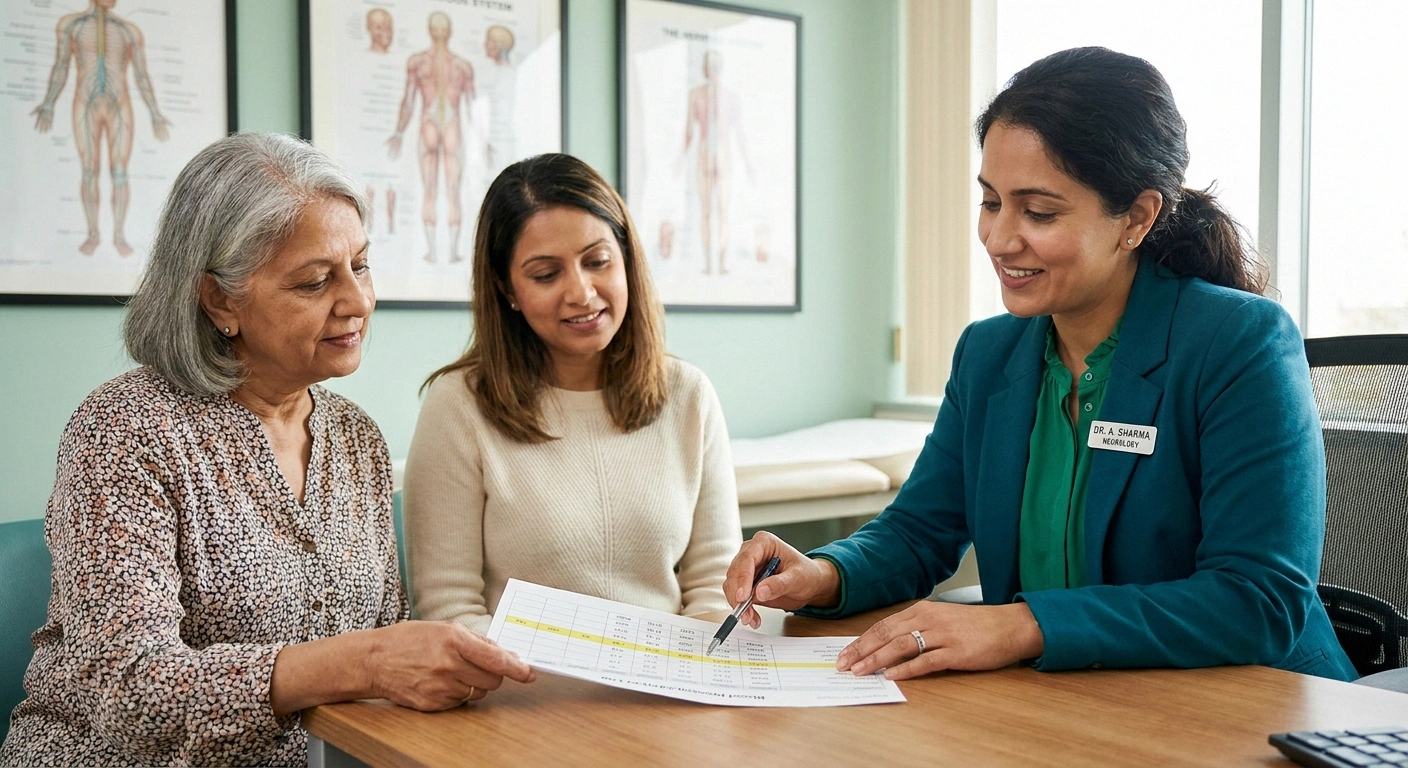 Autonomic neurologist reviewing a printed blood pressure log with an older patient and her adult daughter.