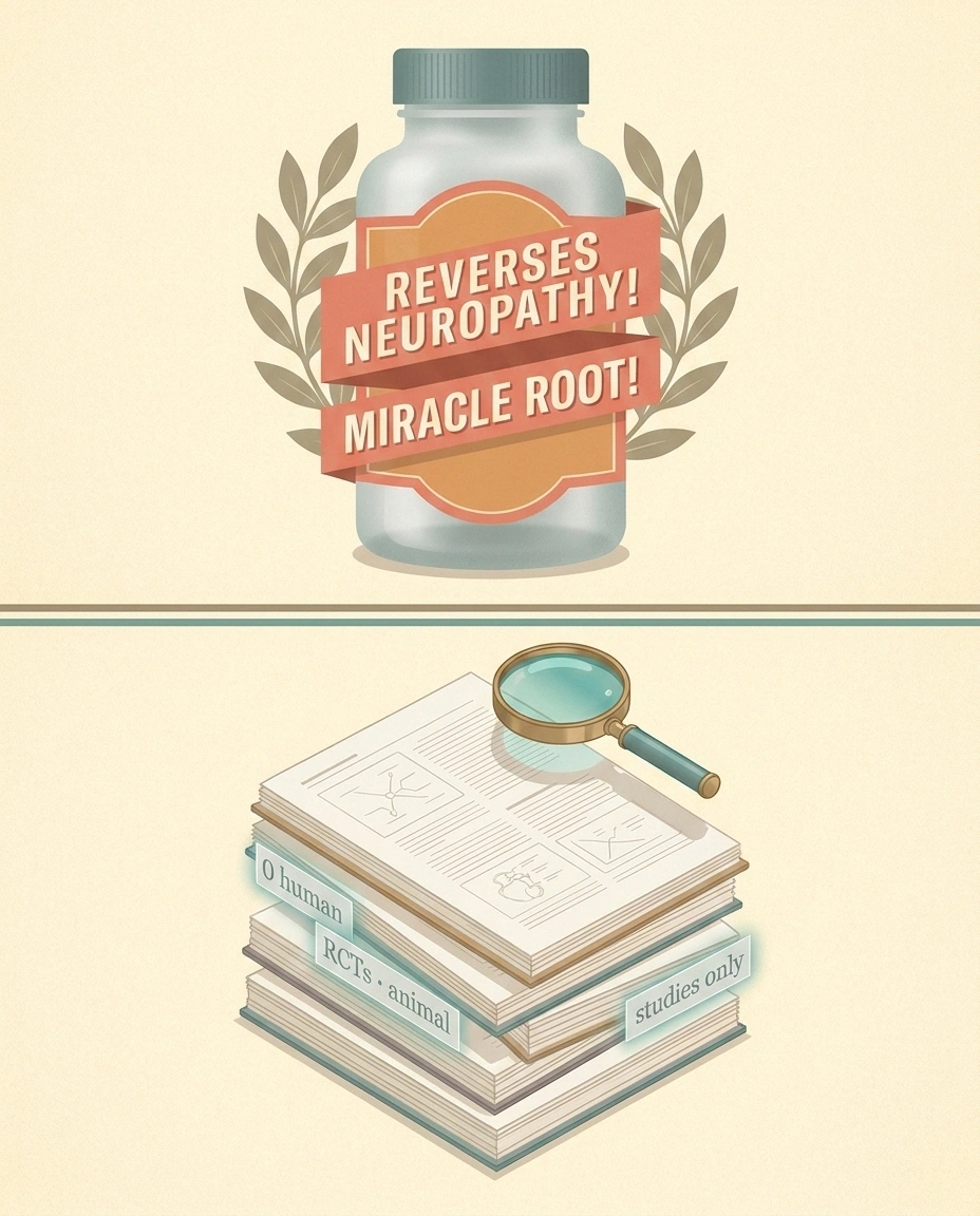 Split illustration contrasting bold supplement marketing claims for ashwagandha with the actual clinical evidence base