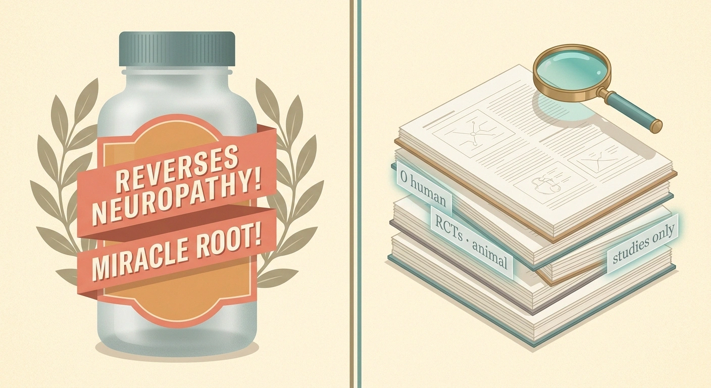 Split illustration contrasting bold supplement marketing claims for ashwagandha with the actual clinical evidence base