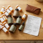 Overhead view of prescription pill bottles alongside natural supplements on a kitchen counter for a neuropathy medication review