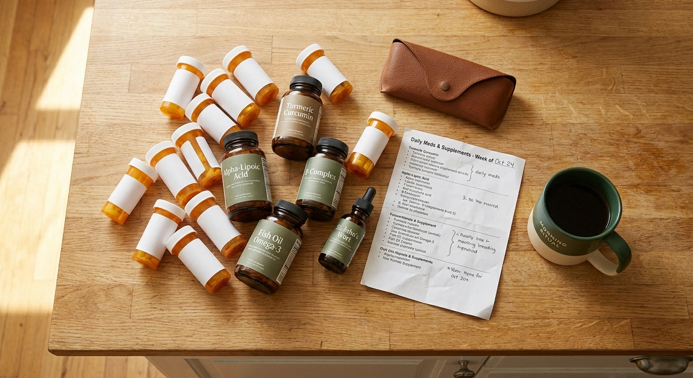 Overhead view of prescription pill bottles alongside natural supplements on a kitchen counter for a neuropathy medication review