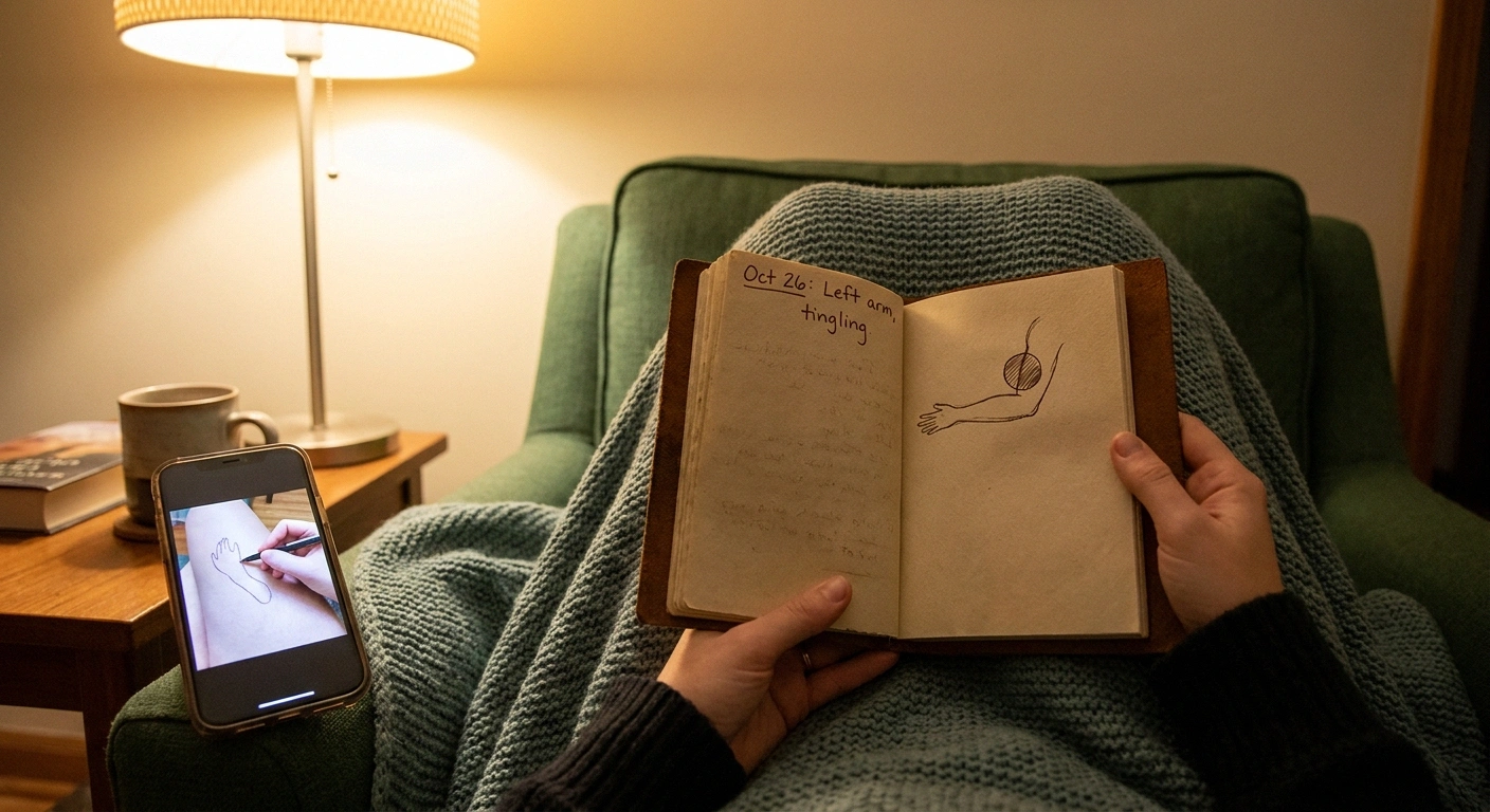 Handwritten Wartenberg's symptom journal with dated entries and phone photo of a numb-patch outline for tracking attacks