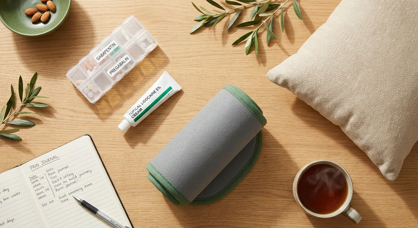 Flat-lay of Wartenberg's symptomatic treatment items including pain medications, topical lidocaine, kneeling pad, and pain journal