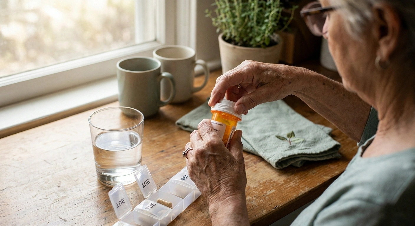 Woman taking her daily tafamidis capsule at the kitchen counter as part of her routine ATTR amyloidosis treatment