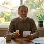 Older man reviewing tafamidis medication information at his kitchen table after ATTR amyloidosis diagnosis