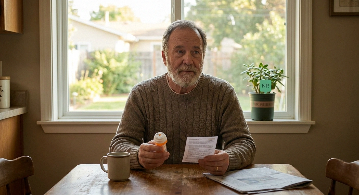 Older man reviewing tafamidis medication information at his kitchen table after ATTR amyloidosis diagnosis