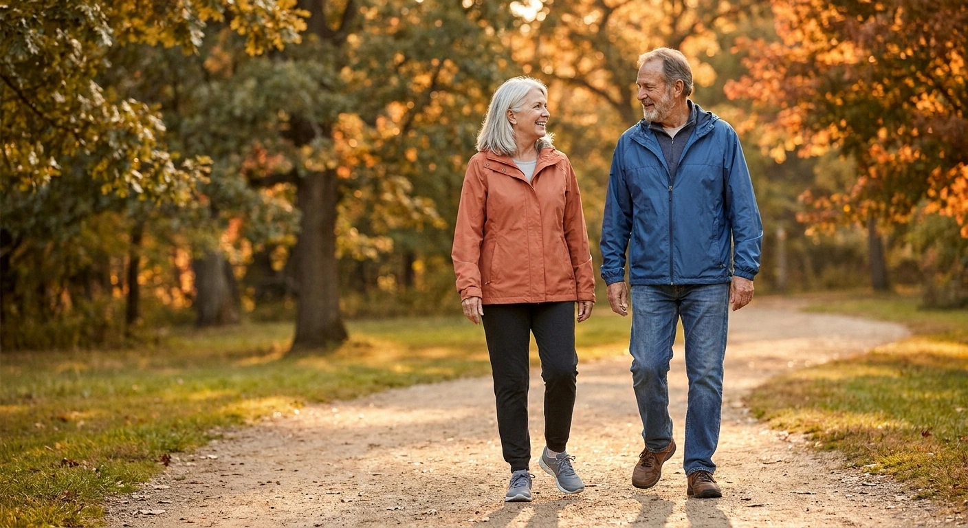 Two mature friends walking peacefully in a park, illustrating long-term adaptation to living with neuropathy sensations.