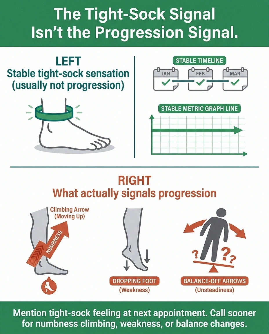 Infographic distinguishing the stable tight-sock phantom sensation from actual signs of neuropathy progression.