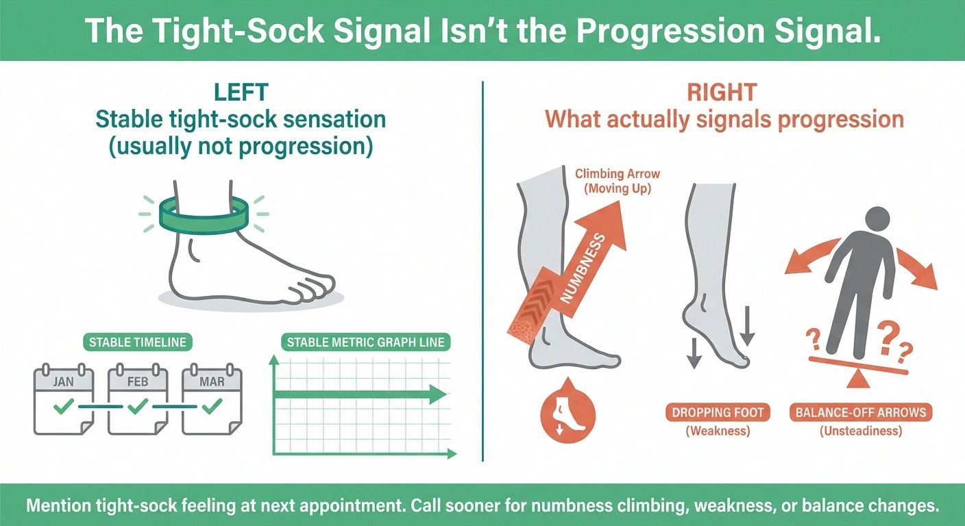 Infographic distinguishing the stable tight-sock phantom sensation from actual signs of neuropathy progression.