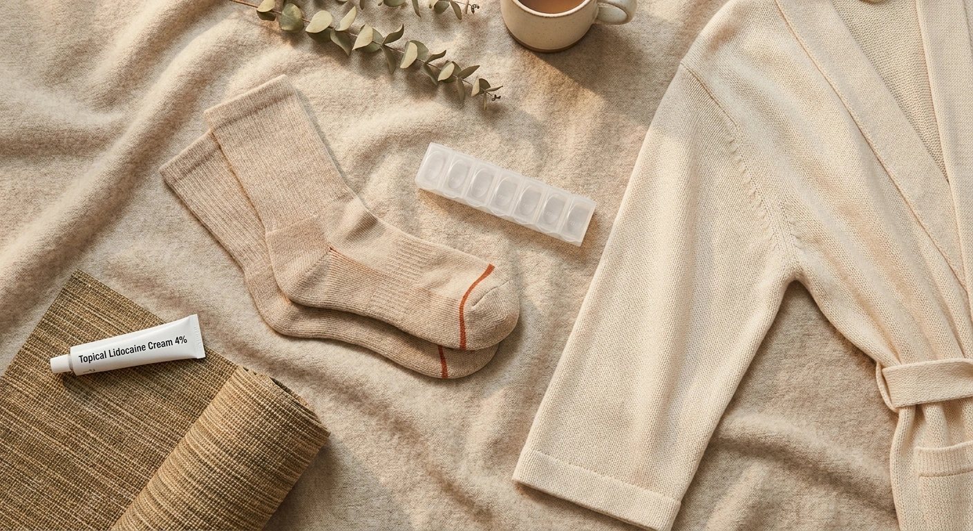 Practical toolkit for reducing the tight-sock phantom sensation — seamless socks, topical cream, medication organizer, and gentle movement supplies.