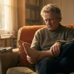 Older man contemplating his bare foot while socks sit beside him, illustrating the tight-sock phantom sensation in neuropathy.