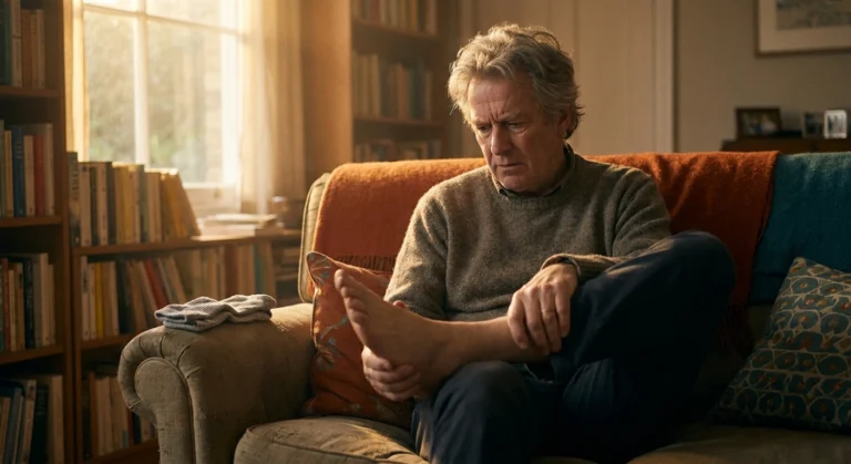 Older man contemplating his bare foot while socks sit beside him, illustrating the tight-sock phantom sensation in neuropathy.