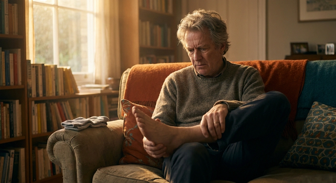 Older man contemplating his bare foot while socks sit beside him, illustrating the tight-sock phantom sensation in neuropathy.