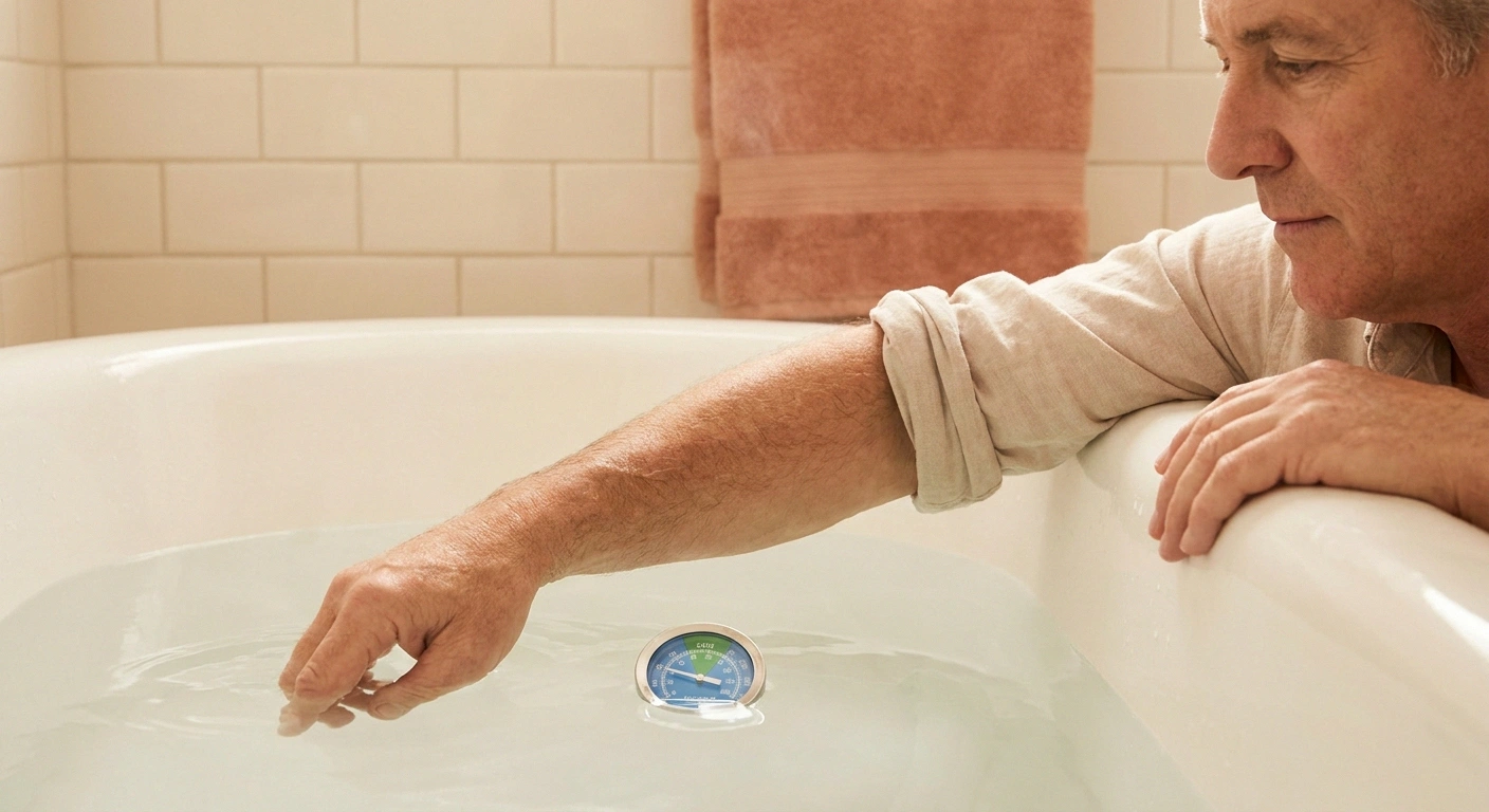Person safely testing bath water temperature with their wrist and a waterproof thermometer instead of their numb feet.