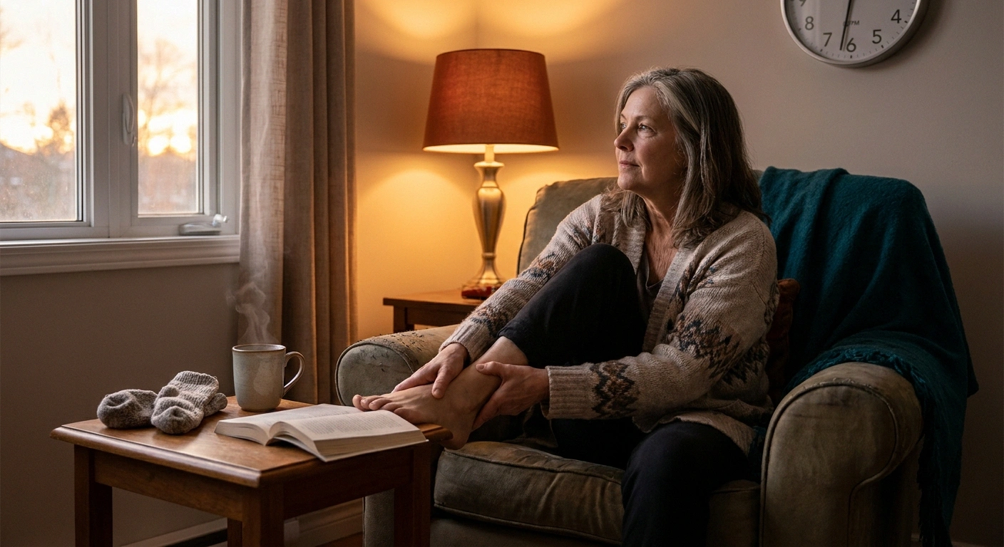 Older woman relaxing at end of day when neuropathy sensations like the tight-sock feeling often intensify.