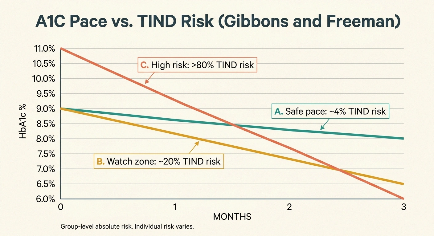 Infographic of three A1C descent slopes over 3 months with TIND risk 4%, 20%, and above 80%