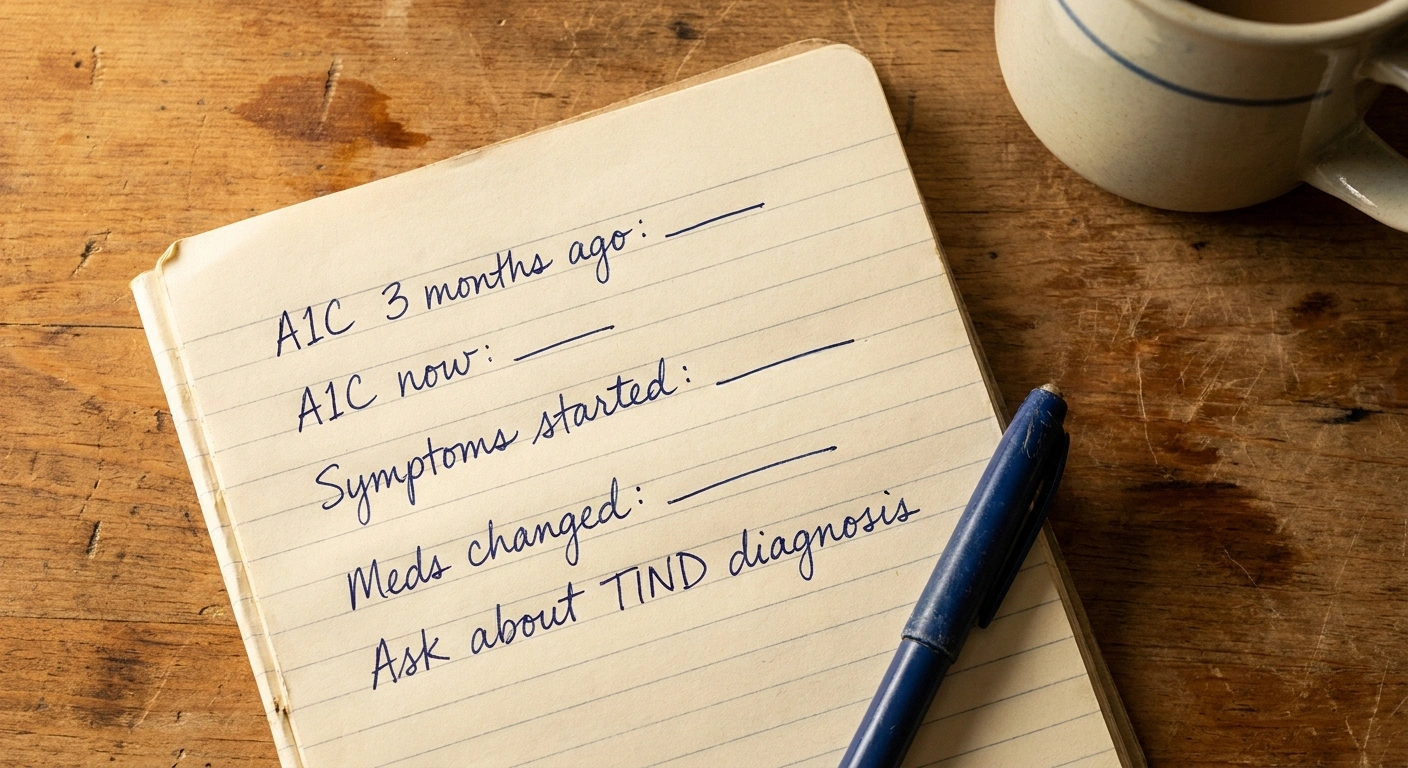 Handwritten notebook prep list for endocrinology appointment about new nerve symptoms after rapid A1C drop