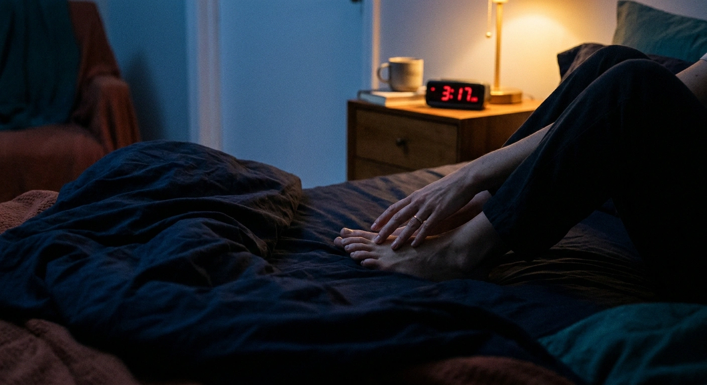 Bare feet at edge of bed at night with hand reaching down, evoking allodynia and burning of TIND