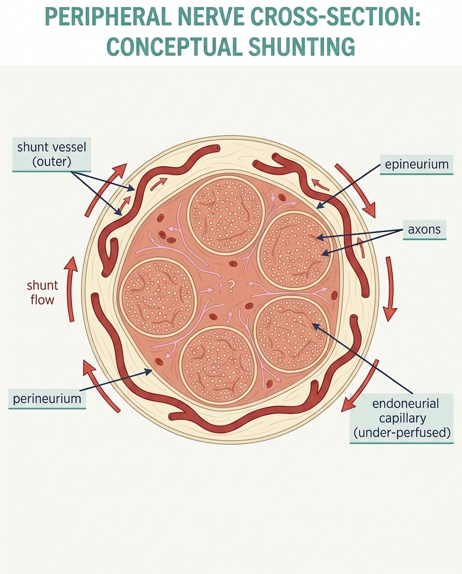 Cross-section of a peripheral nerve showing outer shunt vessels bypassing under-perfused endoneurial capillaries in TIND
