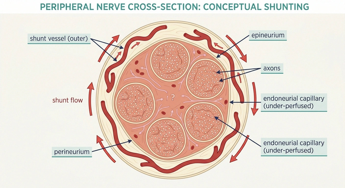 Cross-section of a peripheral nerve showing outer shunt vessels bypassing under-perfused endoneurial capillaries in TIND