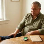 Middle-aged patient at kitchen table with glucose meter noticing new foot discomfort after rapid A1C drop