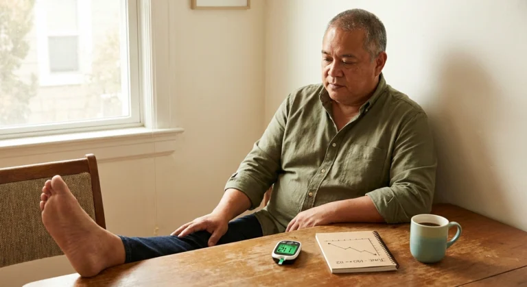 Middle-aged patient at kitchen table with glucose meter noticing new foot discomfort after rapid A1C drop