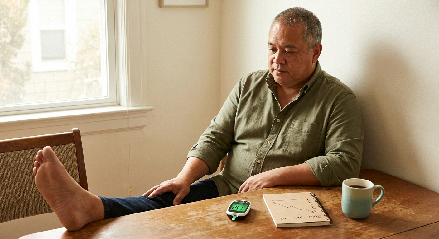 Middle-aged patient at kitchen table with glucose meter noticing new foot discomfort after rapid A1C drop