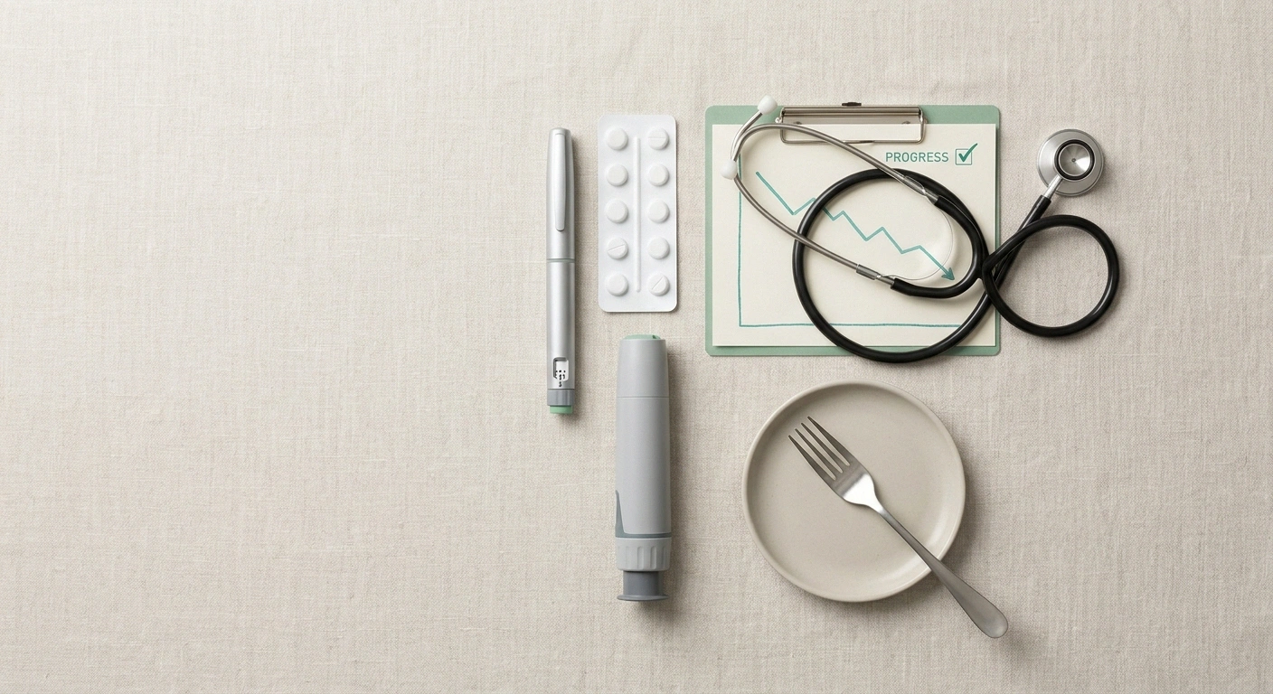 Flat-lay of insulin pen, oral tablets, GLP-1-style pen, chart, and small plate representing TIND triggers