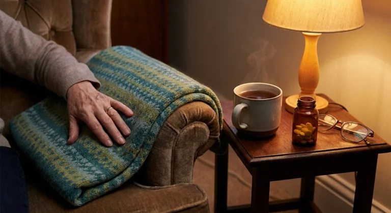 Generic pain reliever bottle beside a mug of tea on a warmly lit table