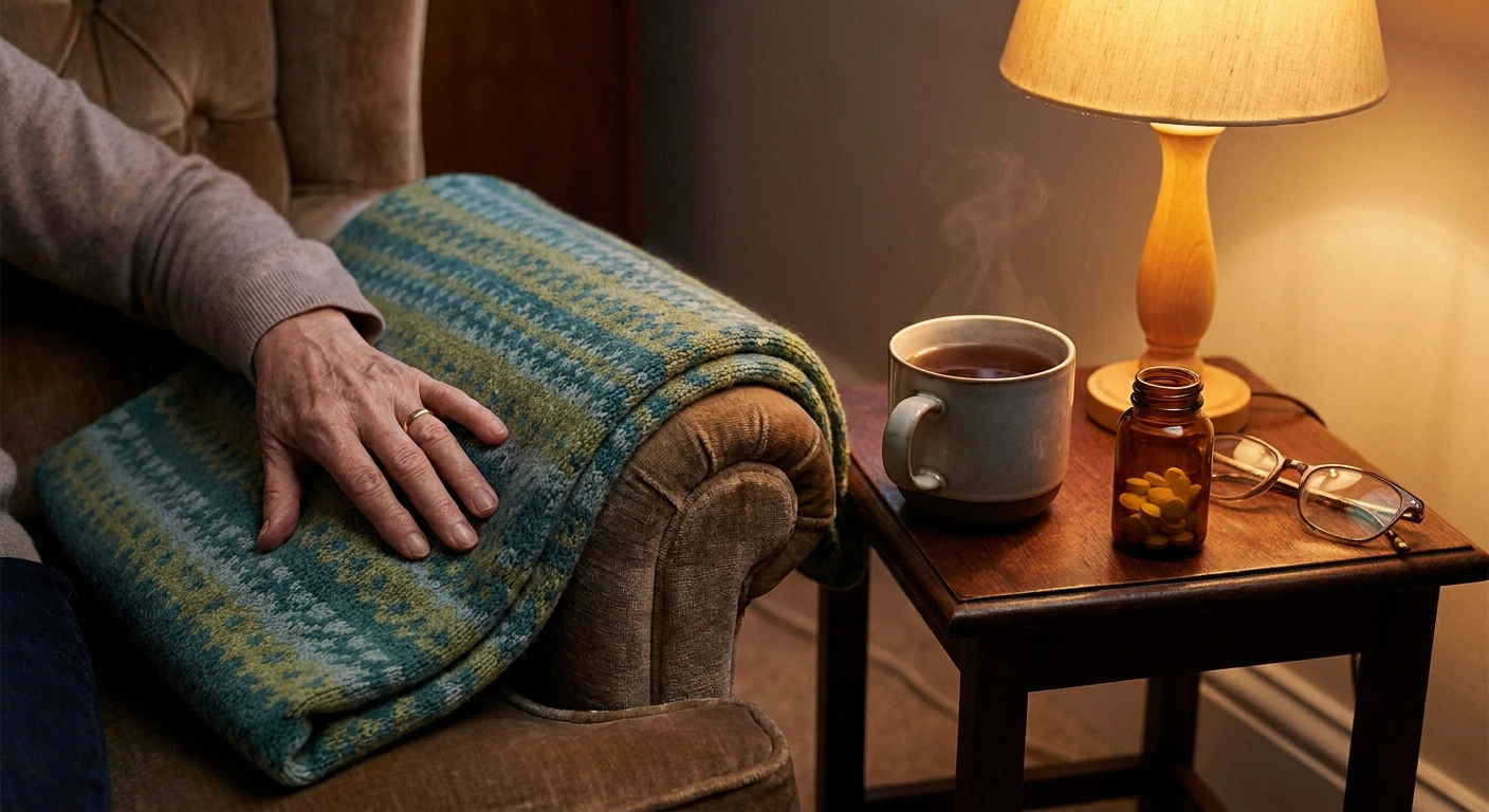 Generic pain reliever bottle beside a mug of tea on a warmly lit table