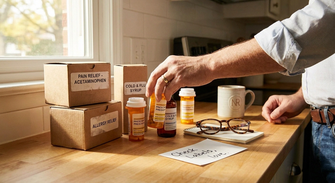 Older adult checking medication labels on a kitchen counter to avoid accidental double-dosing