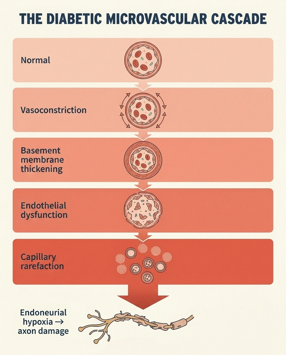 A horizontal five-panel infographic showing the diabetic microvascular cascade from healthy vessel through vasoconstriction, basement membrane thickening, endothelial dysfunction, capillary rarefaction, and finally endoneurial hypoxia damaging nerve fibers.
