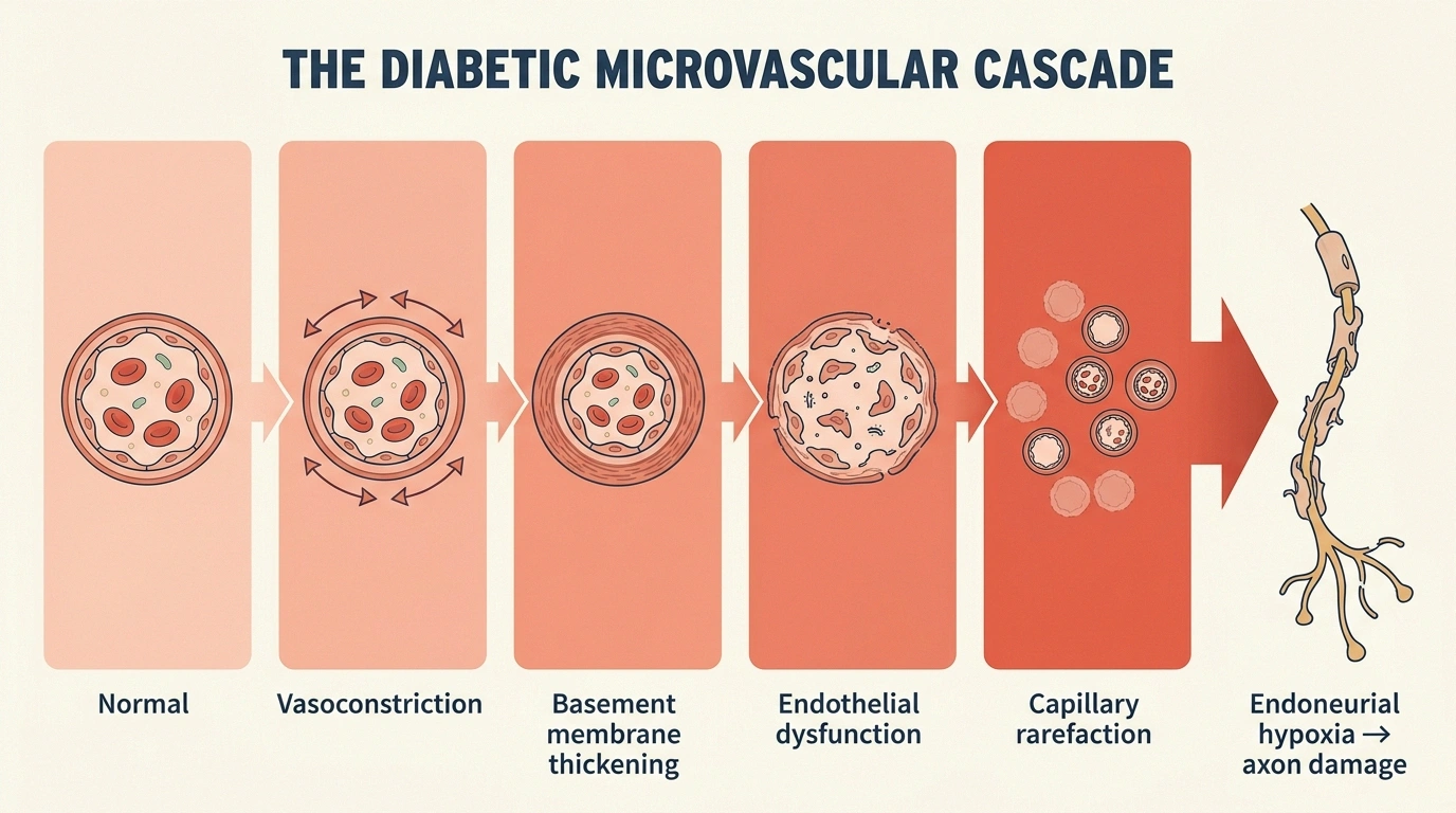 A horizontal five-panel infographic showing the diabetic microvascular cascade from healthy vessel through vasoconstriction, basement membrane thickening, endothelial dysfunction, capillary rarefaction, and finally endoneurial hypoxia damaging nerve fibers.