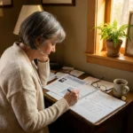 A woman in her mid-60s studies a medical brochure and handwritten notes about vasa nervorum at her home desk in warm afternoon light.