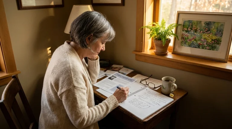 A woman in her mid-60s studies a medical brochure and handwritten notes about vasa nervorum at her home desk in warm afternoon light.