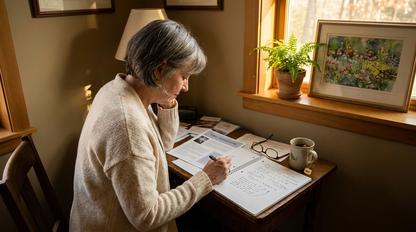 A woman in her mid-60s studies a medical brochure and handwritten notes about vasa nervorum at her home desk in warm afternoon light.