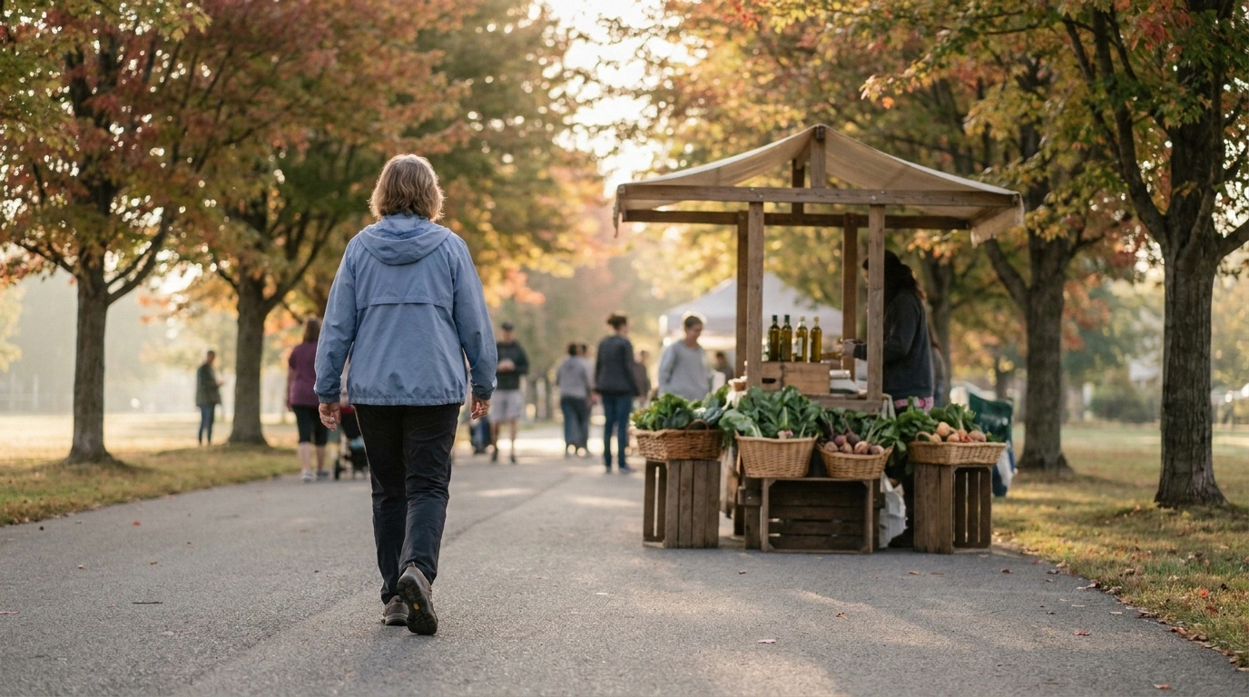 A woman in her mid-60s walks on a neighborhood path in golden morning light, passing a small farmer's market stall with fresh vegetables, illustrating the modifiable lifestyle levers on microvascular health.