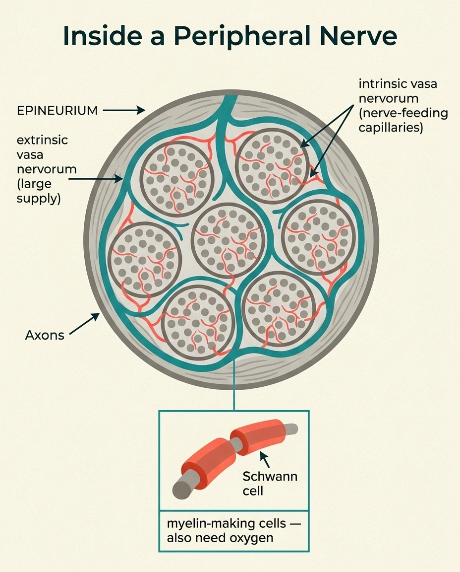 A labeled cross-section of a peripheral nerve showing the epineurium with extrinsic vasa nervorum on the outside and intrinsic vasa nervorum capillaries penetrating each fascicle to feed axons and Schwann cells.